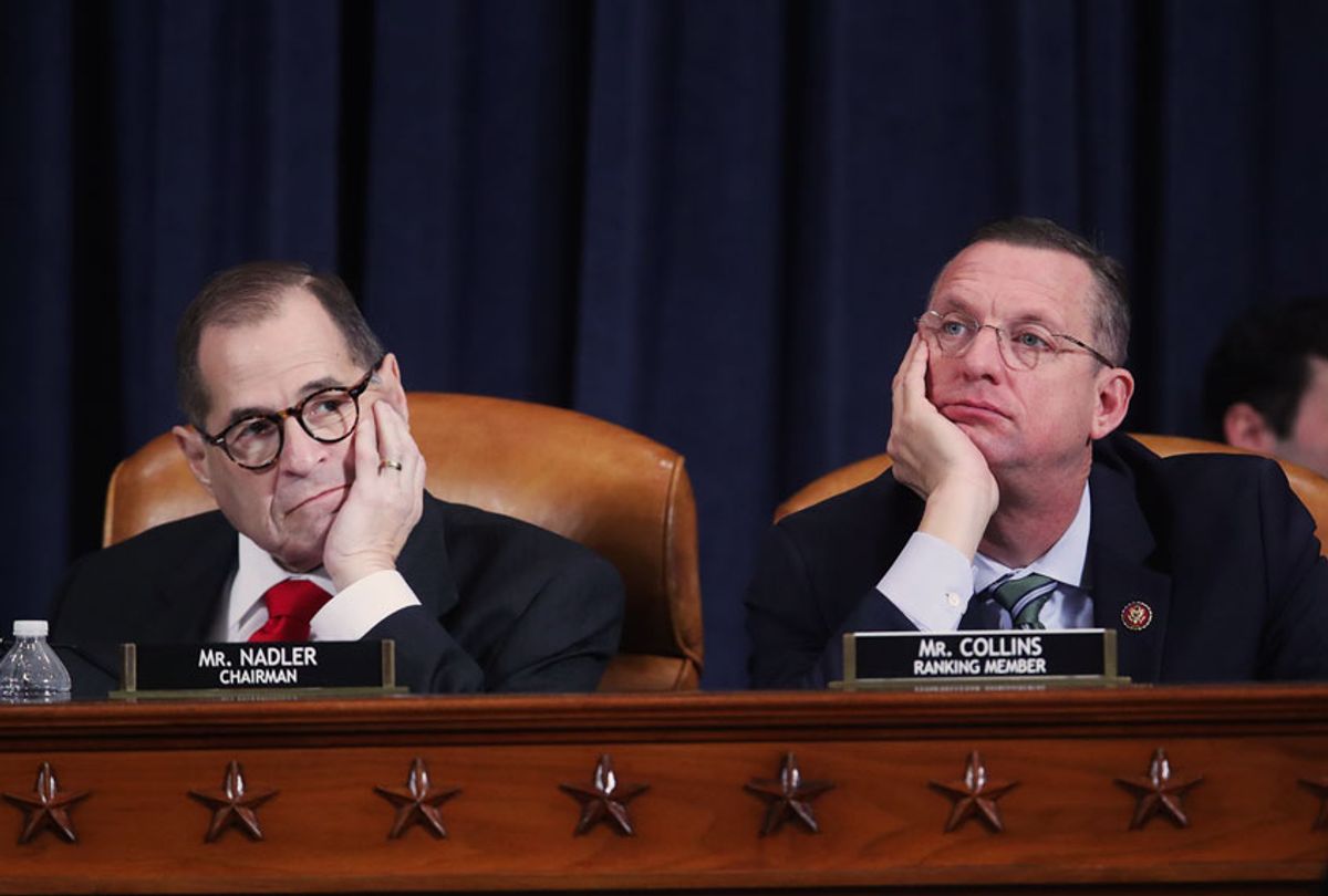 Chair Rep. Jerry Nadler (D-NY) and ranking member Rep. Doug Collins (R-GA) listen during testimony by Democratic and Republican counsels before the House Judiciary Committee in the Longworth House Office Building on Capitol Hill December 9, 2019 in Washington, DC. The hearing is being held for the Judiciary Committee to formally receive evidence in the impeachment inquiry of President Donald Trump, whom Democrats say held back military aid for Ukraine while demanding they investigate his political rivals. The White House declared it would not participate in the hearing.  (Jonathan Ernst-Pool/Getty Images)