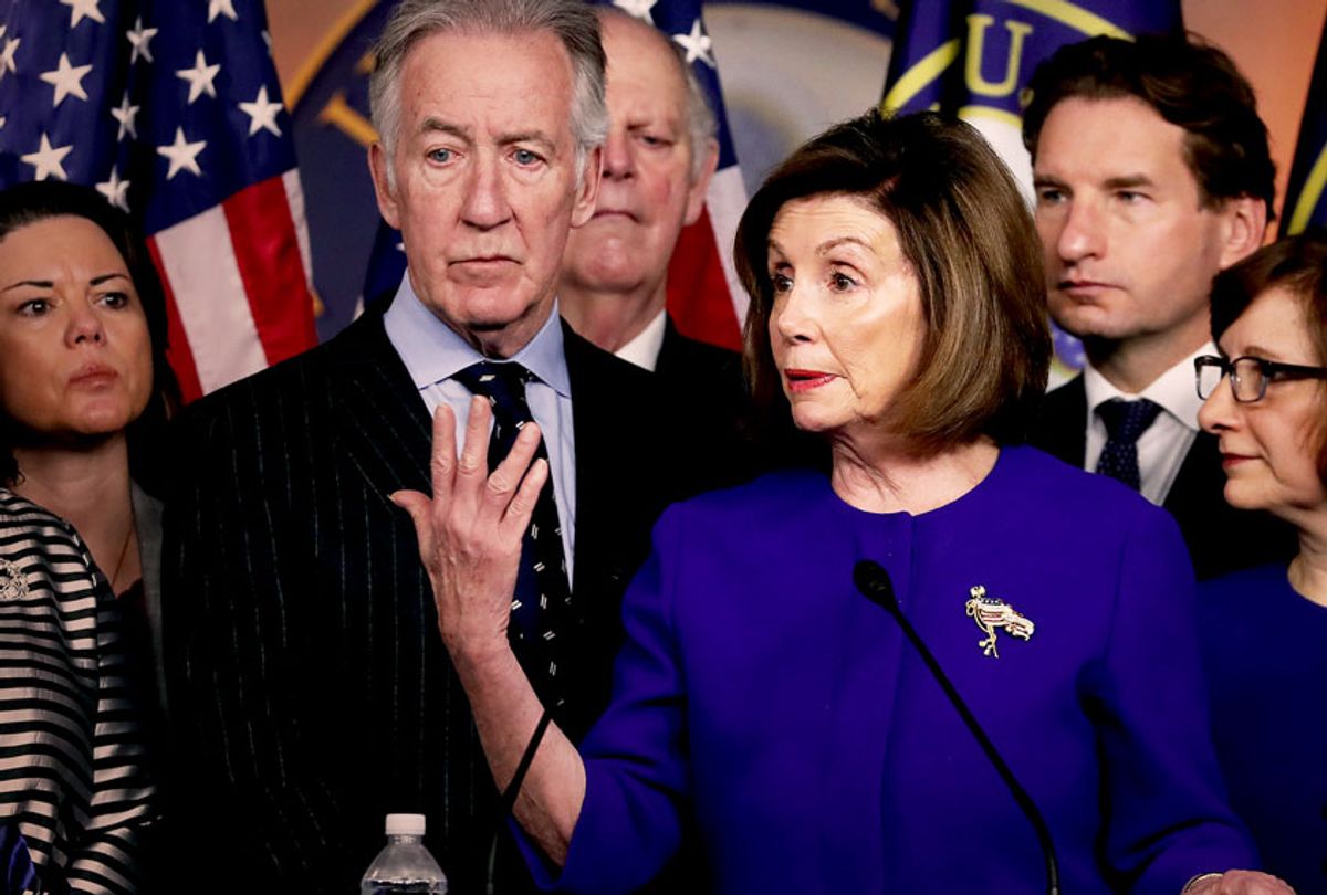 U.S. House Speaker Nancy Pelosi (D-CA) and Ways and Means Committee Chairman Richard E. Neal (D-MA) (L), speak during a news conference on the USMCA trade agreement, on Capitol Hill December 10, 2019 in Washington, DC. Pelosi said an agreement has been reached on a deal over the U.S.-Mexico-Canada, but final details for the trade pact were still being ironed out. (Mark Wilson/Getty Images)