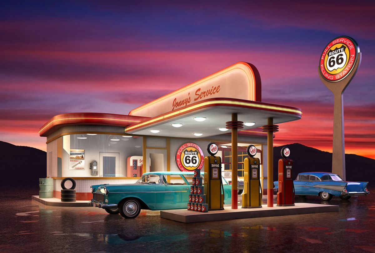 Retro American gas station at dusk (Getty Images)