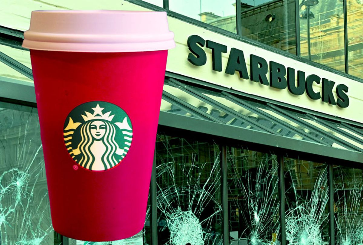Starbucks red holiday cup, and a vandalized Starbucks cafe. (Mustafa Yalcin/Anadolu Agency/Getty Images/Salon)