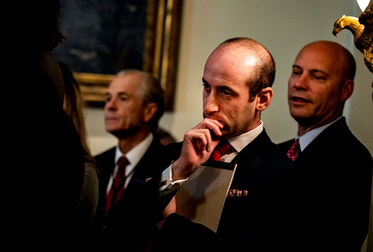 Senior Advisor for Policy Stephen Miller, center, listens as President Donald J. Trump speaks during a cabinet meeting (Salwan Georges/The Washington Post via Getty Images)