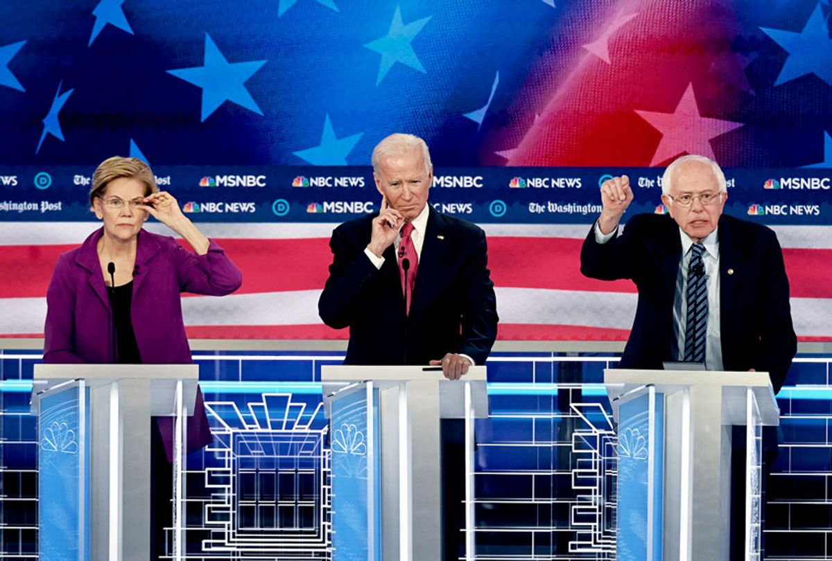 Presidential candidate Sen. Elizabeth Warren (D-Mass.), Former vice president Joe Biden and Sen. Bernie Sanders (I-Vt.) during the Washington Post and MSNBC fifth Democratic presidential primary debate at the from Tyler Perry Studios on November 20, 2019 in Atlanta, Georgia.  (Toni L. Sandys/The Washington Post via Getty Images)