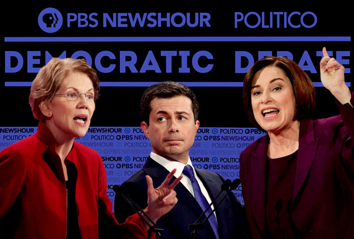 Elizabeth Warren, Pete Buttigieg, and Amy Klobuchar at the December 19th, 2019, Democratic Debate (Getty Images/Robyn Beck/Frederic J. Brown/AFP/Justin Sullivan/Salon)