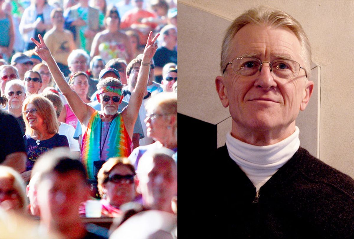 Diptych of a fan flashing the peace sign during the concert marking the 40th anniversary of the Woodstock music festival, and Curtis white author of "Living in a World That Can't Be Fixed" (Author photo provided by publicist/Mario Tama/Getty Images/Salon)