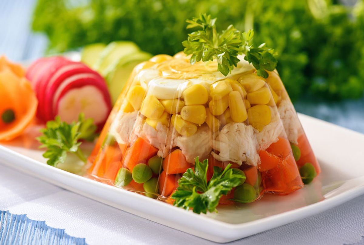 Aspic- jellied chicken with egg and vegetables (Getty Images)