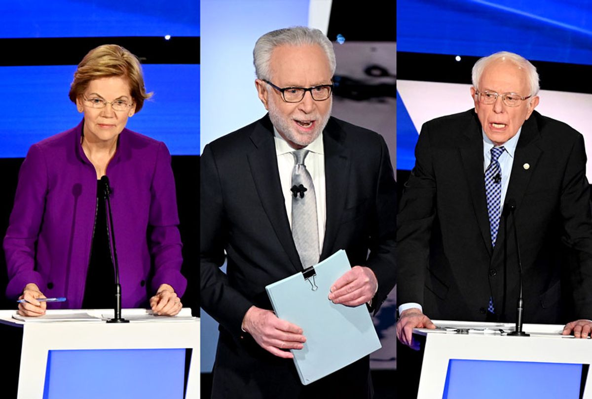 Wolf Blitzer, Elizabeth Warren and Bernie Sanders (ROBYN BECK/AFP/Getty Images/Salon)