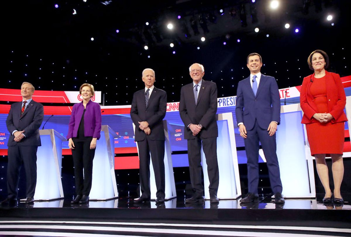 Tom Steyer (L-R), Sen. Elizabeth Warren (D-MA), former Vice President Joe Biden, Sen. Bernie Sanders (I-VT), former South Bend, Indiana Mayor Pete Buttigieg, and Sen. Amy Klobuchar (D-MN) await the start of the Democratic presidential primary debate at Drake University on January 14, 2020 in Des Moines, Iowa. Six candidates out of the field qualified for the first Democratic presidential primary debate of 2020, hosted by CNN and the Des Moines Register. (Spencer Platt/Getty Images)