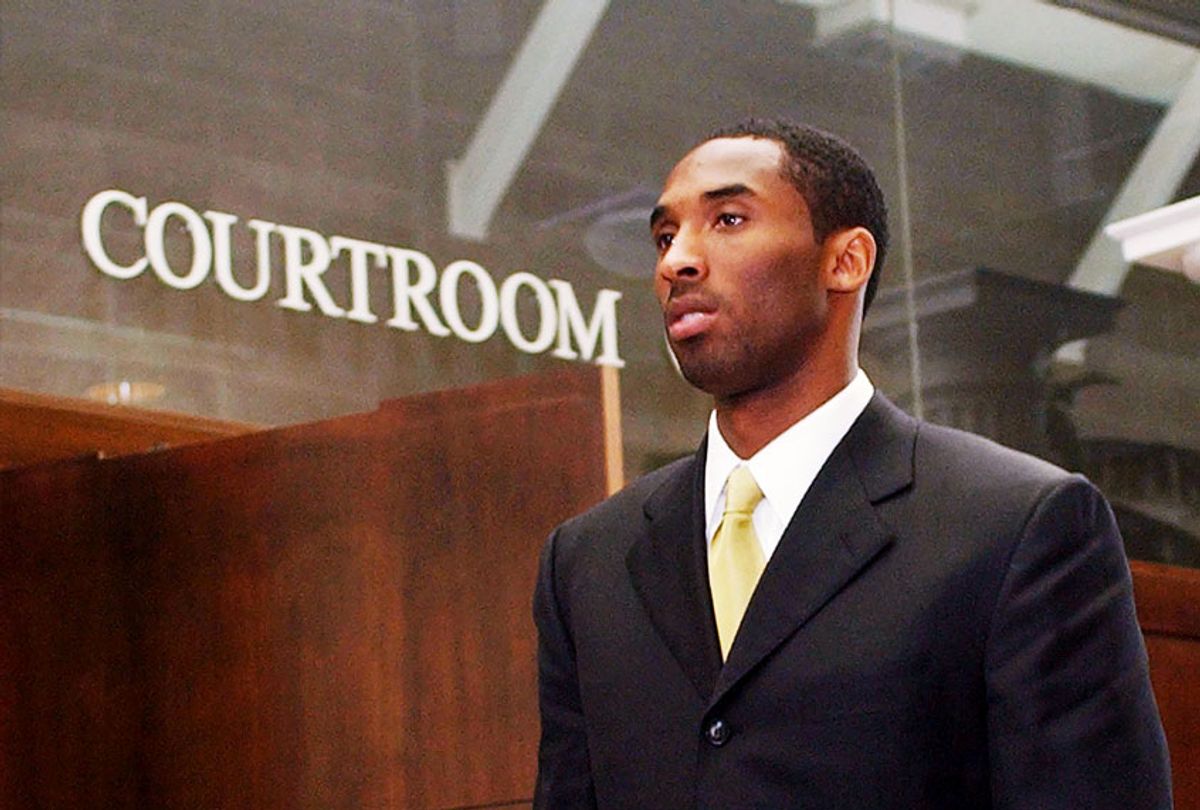 Los Angeles Lakers basketball player Kobe Bryant leaves the courtroom at the Eagle County Justice Center April 27, 2004 in Eagle, Colorado. Bryant will be in court for the second day of a three-day series of hearings related to the sexual assault charges he faces. (Ed Andrieski-Pool/Getty Images)