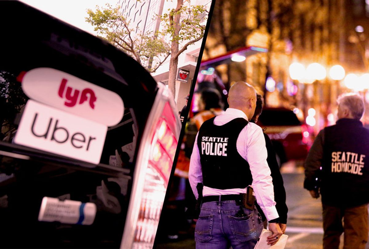 Lyft Uber car / Police look over the scene of a shooting at 3rd Avenue and Pine Streeton January 22, 2020 in the central business district of Seattle, Washington. (Getty Images/Salon)