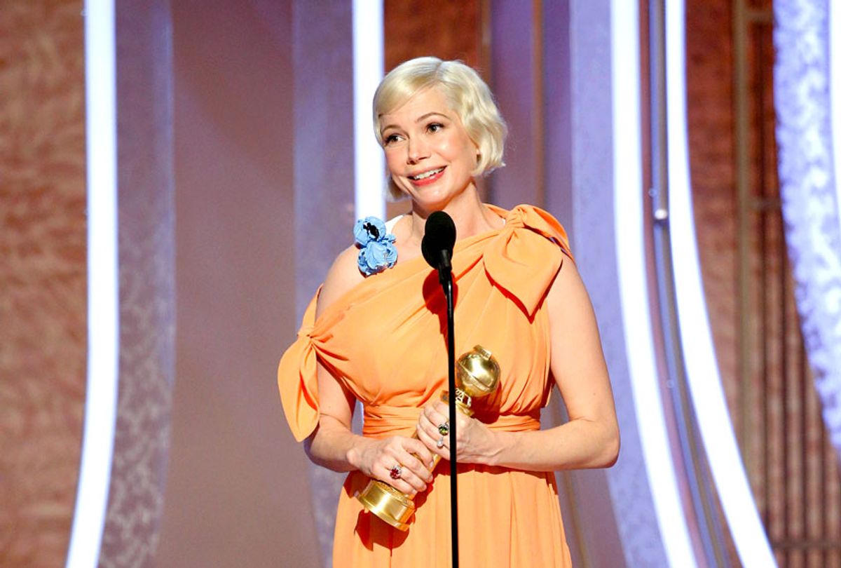 Michelle Williams accepts the award for BEST PERFORMANCE BY AN ACTRESS IN A LIMITED SERIES OR A MOTION PICTURE MADE FOR TELEVISION for "Fosse/Verdon" onstage during the 77th Annual Golden Globe Awards at The Beverly Hilton Hotel on January 5, 2020 in Beverly Hills, California.  (Paul Drinkwater/NBCUniversal Media, LLC via Getty Images)