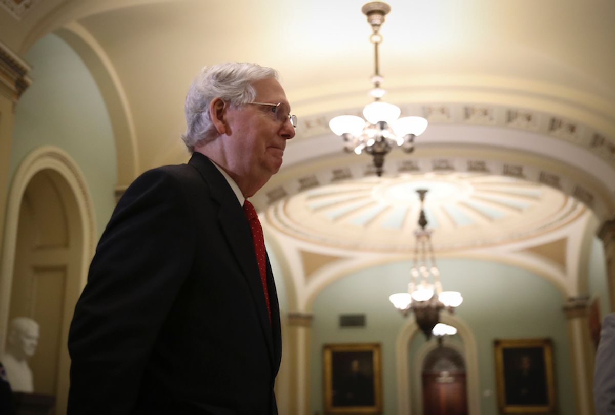 Senate Majority Leader Mitch McConnell (R-KY) exits the Senate chamber during a short recess in the impeachment trial proceedings at the U.S. Capitol on January 21, 2020 in Washington, DC. (Drew Angerer/Getty Images)