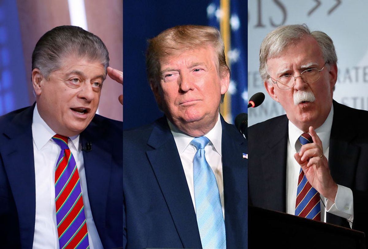 Fox News senior judicial analyst Andrew Napolitano, US President Donald Trump, and Former National security adviser John Bolton (AP Photo/Pablo Martinez Monsivais/Richard Drew/MediaPunch)