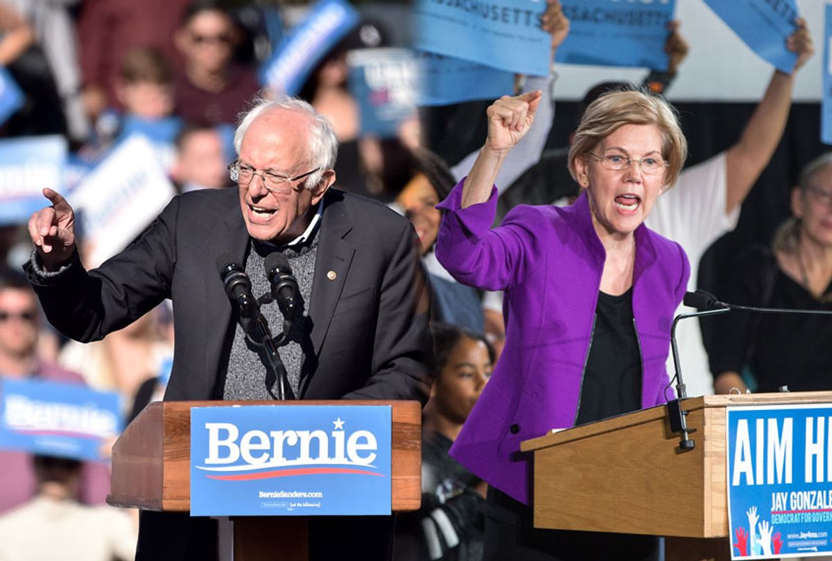 Bernie Sanders and Elizabeth Warren speaking to crowds at their respective rallies. (Photo by Bauzen/GC Images/Scott Eisen/Getty Images)