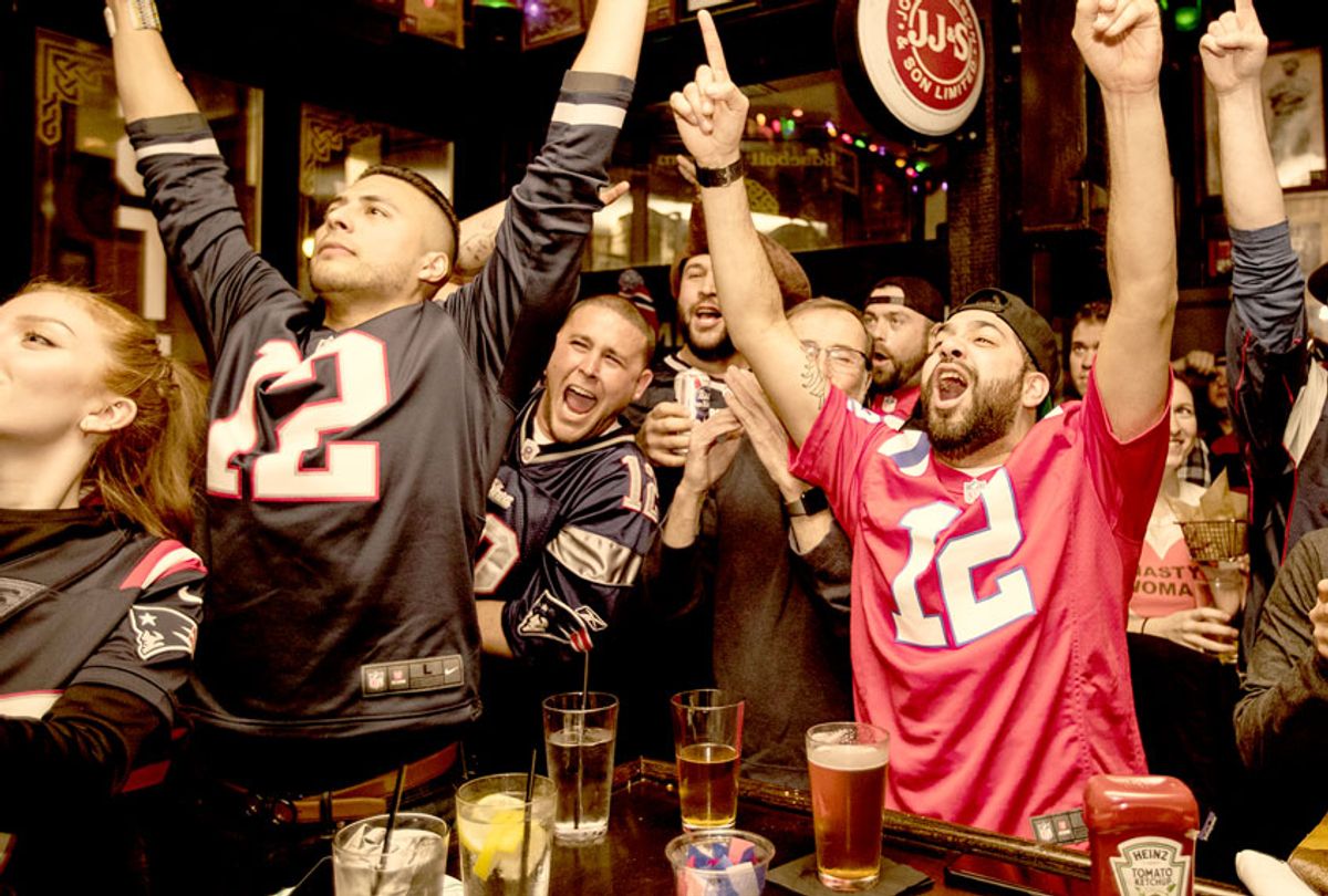 New England Patriots fans cheer during the first quarter of Super Bowl LIII at McGreevy's Bar on February 3, 2019 in Boston, Massachusetts. The New England Patriots are playing the Los Angeles Rams in Atlanta.  (Scott Eisen/Getty Images)