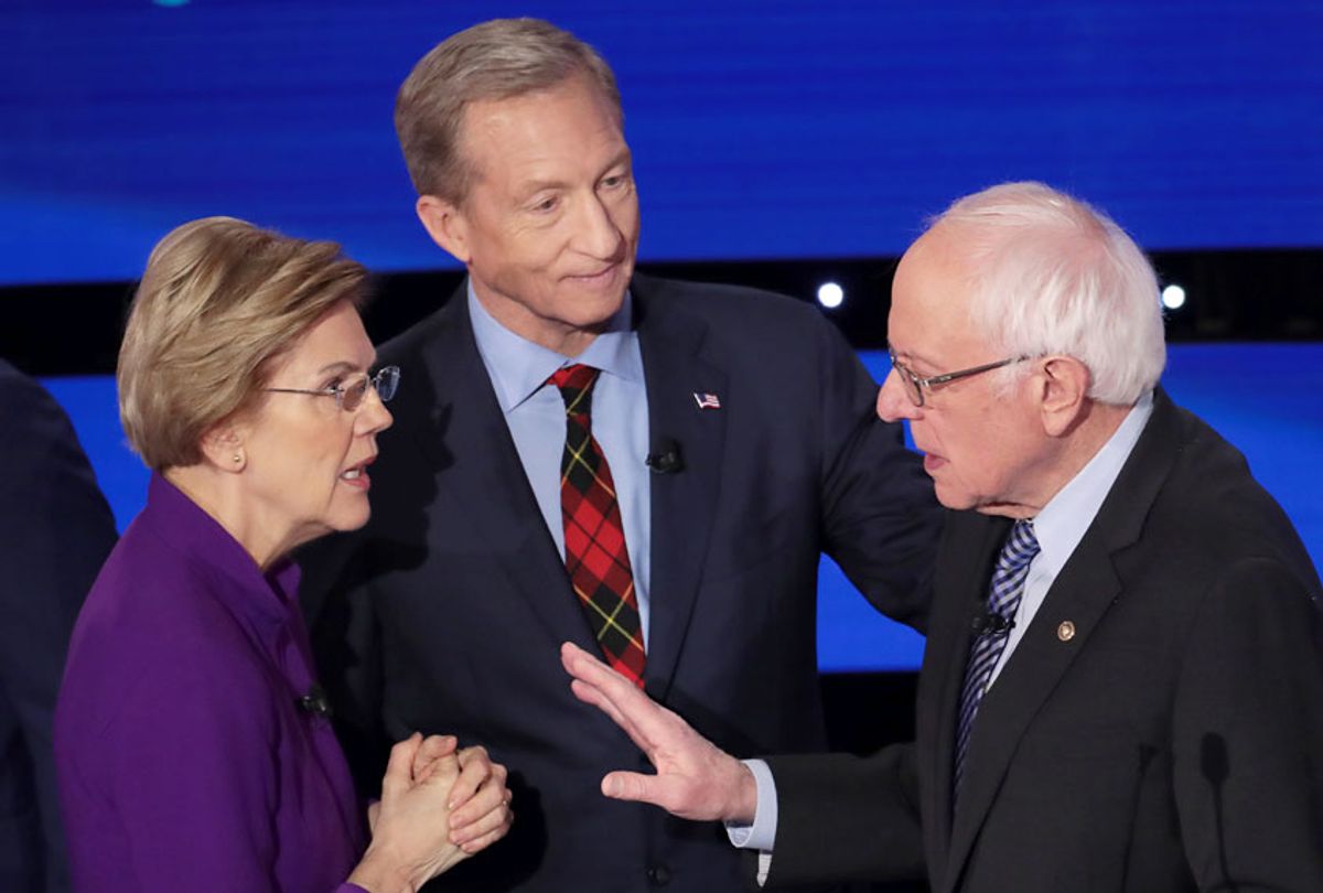 Sen. Elizabeth Warren (D-MA) and Sen. Bernie Sanders (I-VT) speak as Tom Steyer looks on after the Democratic presidential primary debate at Drake University on January 14, 2020 in Des Moines, Iowa. Six candidates out of the field qualified for the first Democratic presidential primary debate of 2020, hosted by CNN and the Des Moines Register.  (Scott Olson/Getty Images)