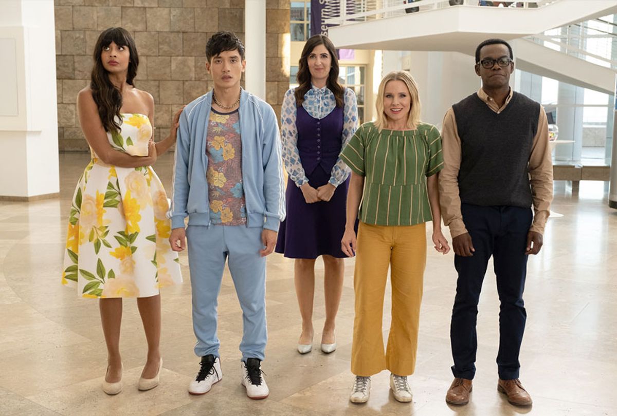 Jameela Jamil as Tahani, Manny Jacinto as Jason, D'Arcy Carden as Janet, Kristen Bell as Eleanor, William Jackson Harper as Chidi in "The Good Place" (Colleen Hayes/NBC)