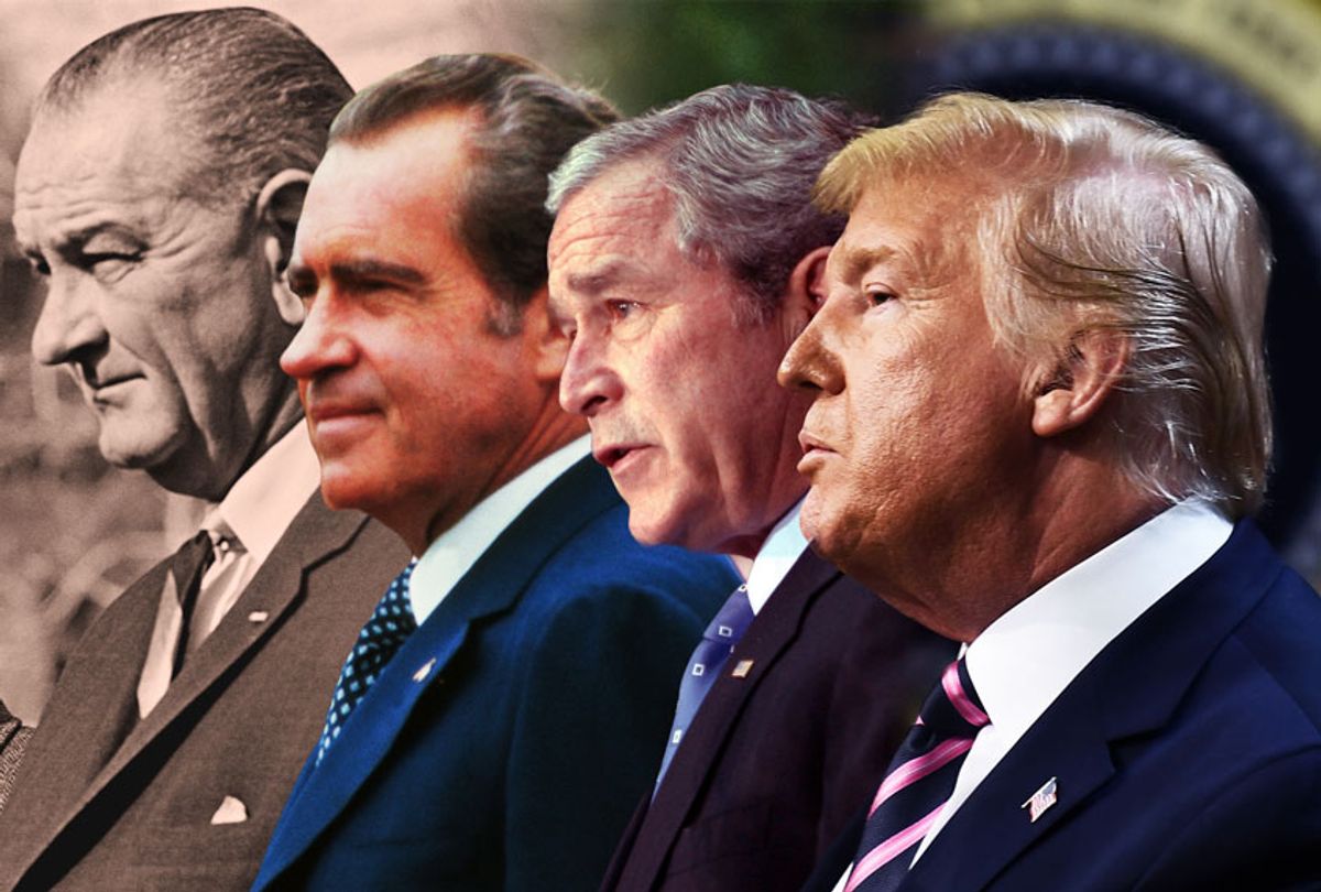 Presidents Donald Trump, George W. Bush, Richard Nixon, and Lyndon B. Johnson (Getty Images/Salon)