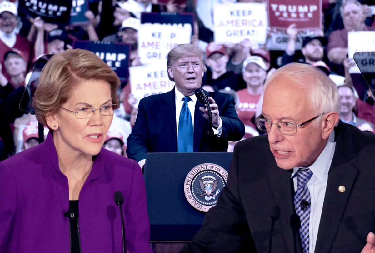 Elizabeth Warren and Bernie Sanders participated in Democratic presidential primary debate at Drake University on January 14, 2020 in Des Moines, Iowa, while President Donald held his pwn "Keep America Great Rally" in Milwaukee, WI (Kyle Mazza/Anadolu Agency/Scott Olson/Getty Images/Salon)