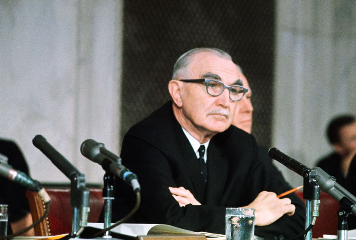 Oregon Senator Wayne Morse engages in a debate over President Johnson's Vietnam policy with General Maxwell Taylor, former Ambassador to Vietnam, who is appearing before the Senate Foreign Relations Committee, February 17th, 1966. (Bettmann/Getty Images)
