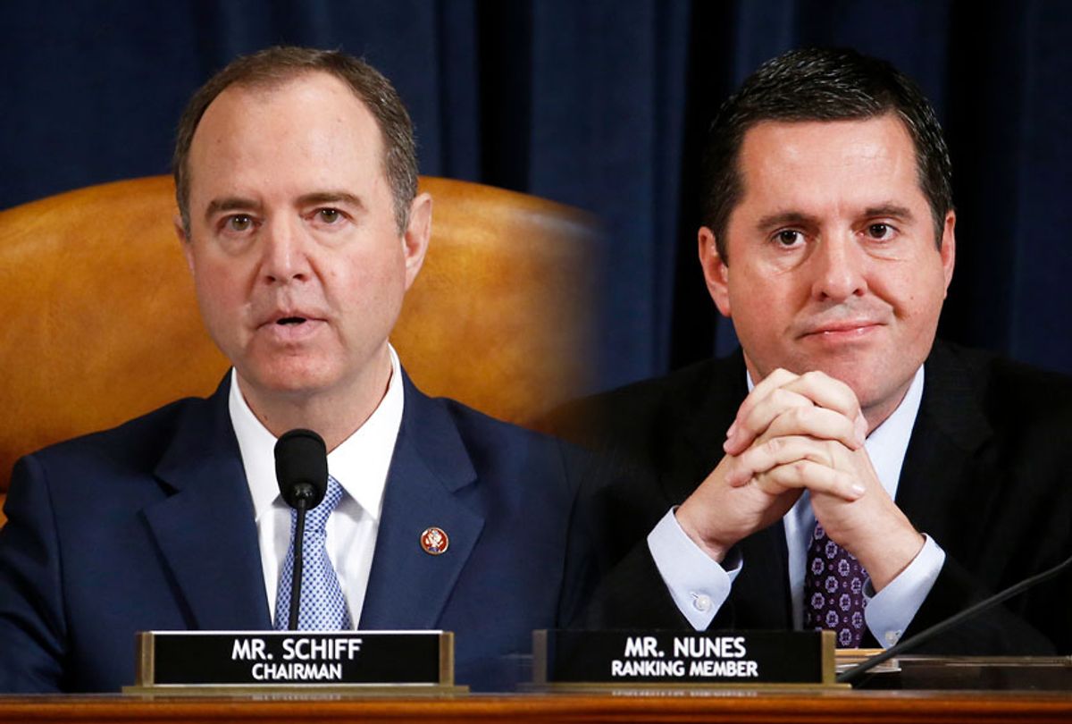 Representative Adam Schiff, a Democrat from California and chairman of the House Intelligence Committee, left, speaks as Representative Devin Nunes, a Republican from California and ranking member of the House Intelligence Committee, listens during an impeachment inquiry hearingon Capitol Hill November 21, 2019 in Washington, DC. The committee heard testimony during the fifth day of open hearings in the impeachment inquiry against U.S. President Donald Trump, whom House Democrats say held back U.S. military aid for Ukraine while demanding it investigate his political rivals. (Andrew Harrer-Pool/Getty Images)