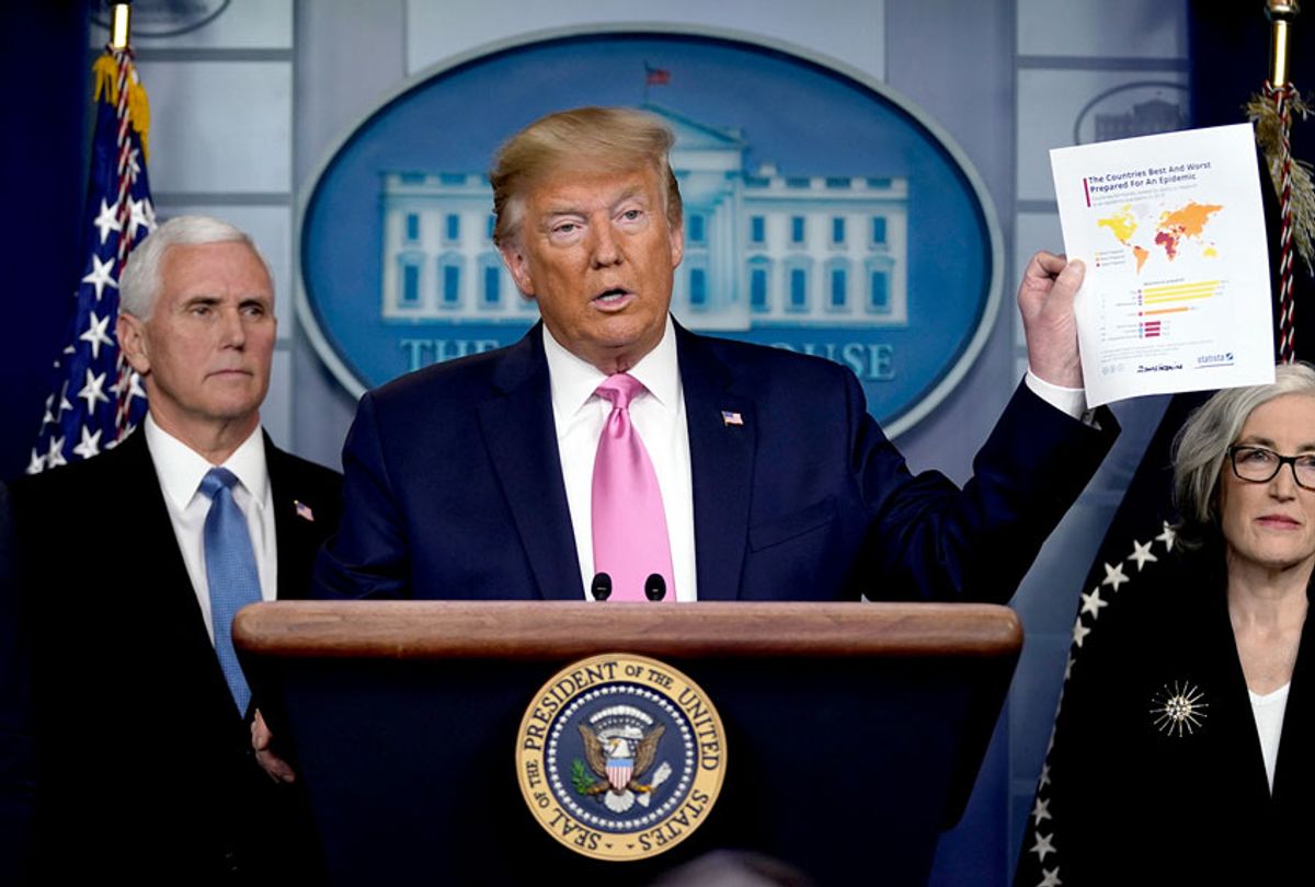 President Donald Trump, with members of the President's Coronavirus Task Force, holds a paper about countries best and least prepared to deal with a pandemic, during a news conference in the Brady Press Briefing Room of the White House, Wednesday, Feb. 26, 2020, in Washington.  (AP Photo/Evan Vucci)