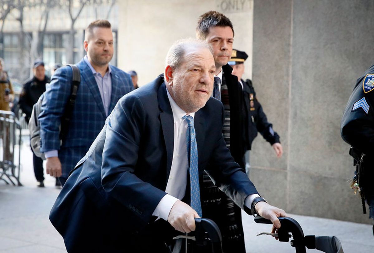 Harvey Weinstein arrives at a Manhattan courthouse as jury deliberations continue in his rape trial, Monday, Feb. 24, 2020, in New York.  (AP Photo/John Minchillo)