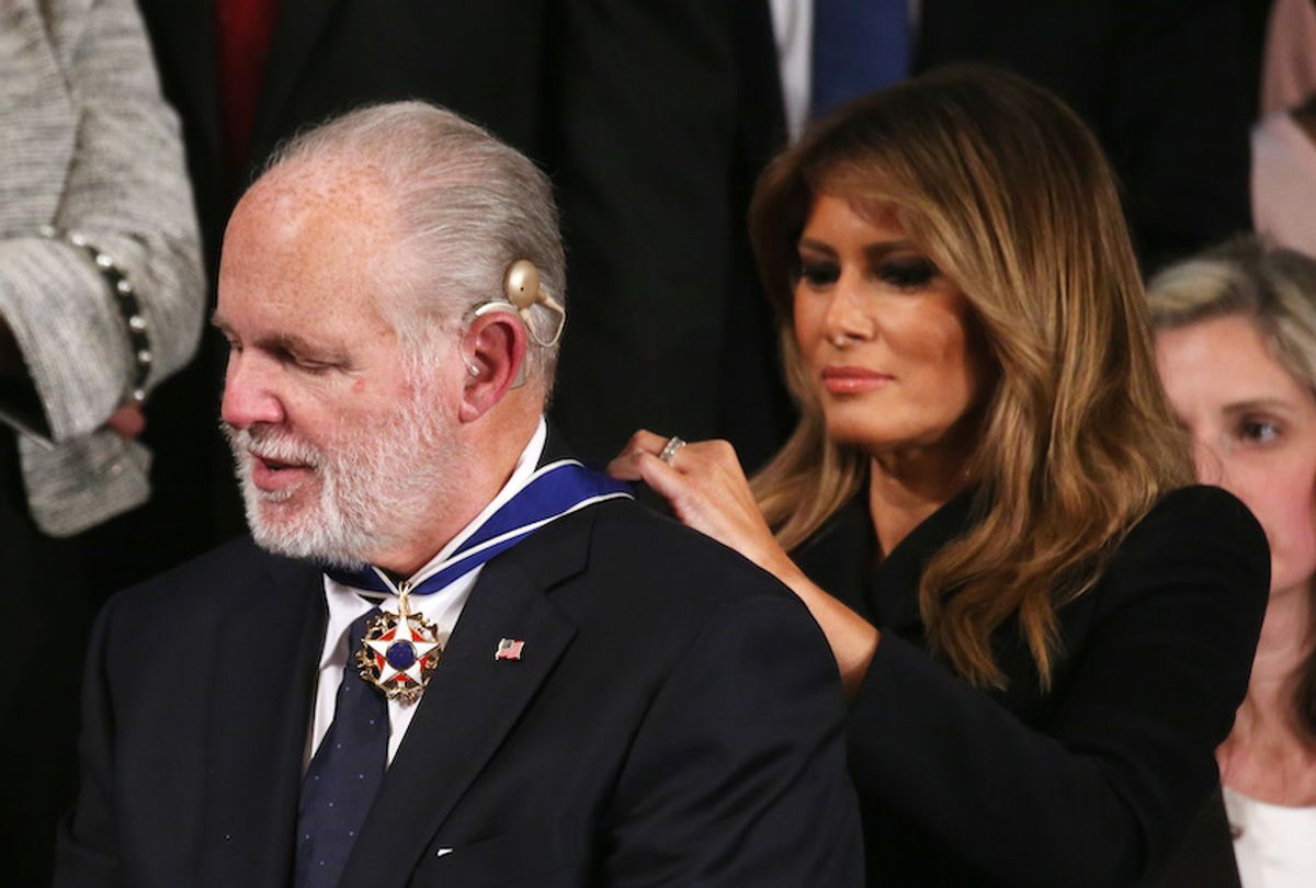 Radio personality Rush Limbaugh reacts as First Lady Melania Trump gives him the Presidential Medal of Freedom during the State of the Union address in the chamber of the U.S. House of Representatives on February 04, 2020 in Washington, DC. (Mario Tama/Getty Images)
