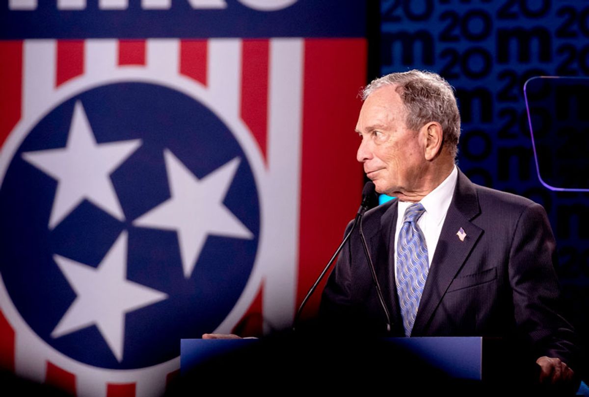 Democratic presidential candidate former New York City Mayor Mike Bloomberg reacts to a heckler during a campaign rally on February 12, 2020 in Nashville, Tennessee. Bloomberg is holding the rally to mark the beginning of early voting in Tennessee ahead of the Super Tuesday primary on March 3rd. (Brett Carlsen/Getty Images)