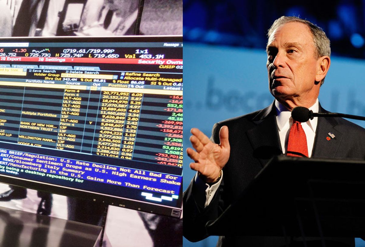 The Bloomberg terminal on display at the Museum of American Finance. / New York Mayor Michael Bloomberg speaks onstage at The 2009 Emery Awards and 30th Anniversary of the Hetrick-Martin Institute at Cipriani, Wall Street on November 10, 2009 in New York City.  (Getty Images/Salon)