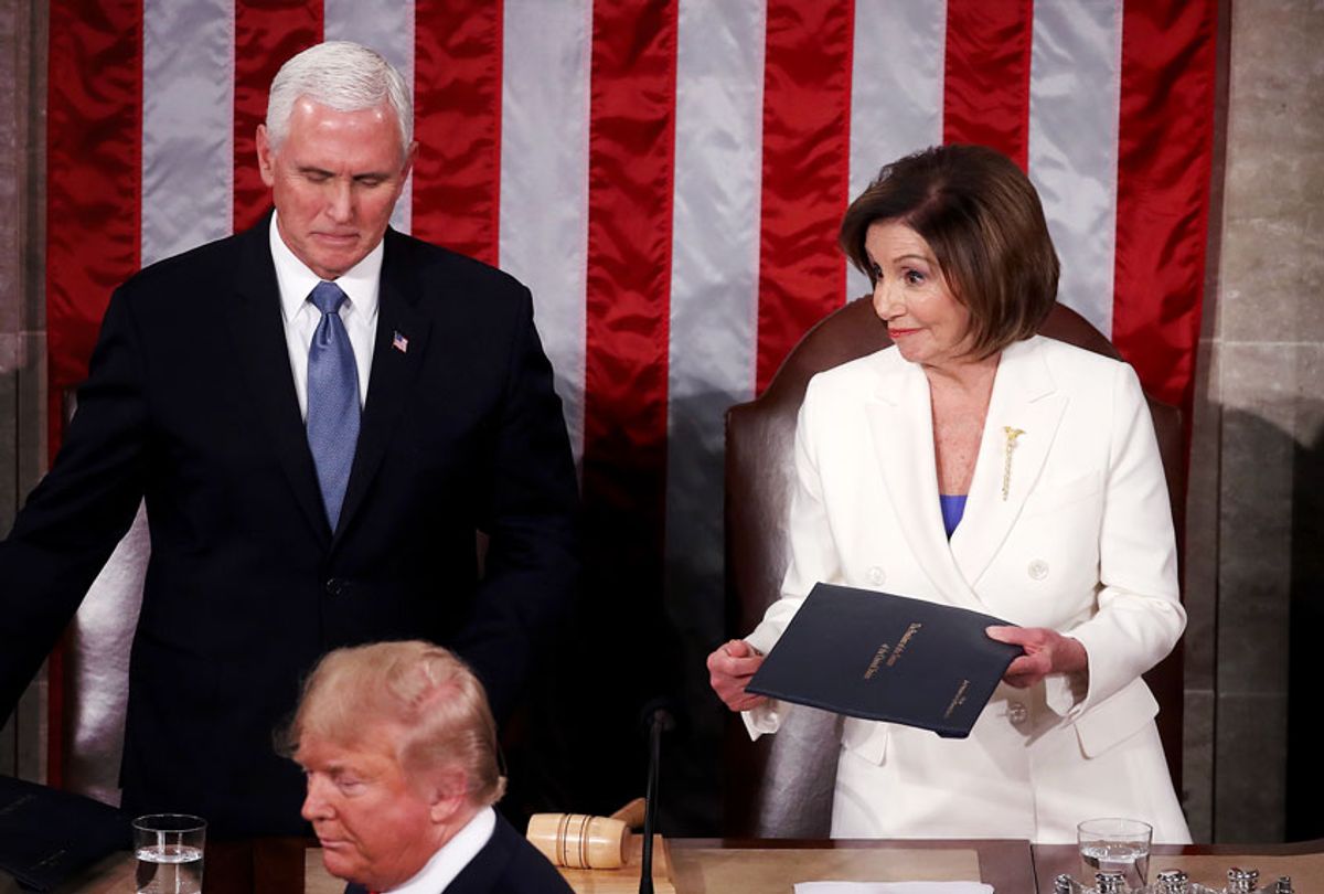 House Speaker Rep. Nancy Pelosi (D-CA) and Vice President Mike Pence look on as President Donald Trump steps to the lectern for the State of the Union address in the chamber of the U.S. House of Representatives on February 04, 2020 in Washington, DC. President Trump delivers his third State of the Union to the nation the night before the U.S. Senate is set to vote in his impeachment trial.  (Mark Wilson/Getty Images)