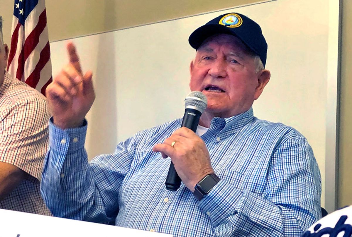 U.S. Agriculture Secretary Sonny Perdue speaks at an Ag Policy Summit during a visit Wednesday, Aug. 28, 2019 to Decatur, Ill. Perdue has sought to assuage farmers' fears of financial problems after China halted purchases of U.S. farm products in an escalating trade war.  (AP Photo/John O'Connor)
