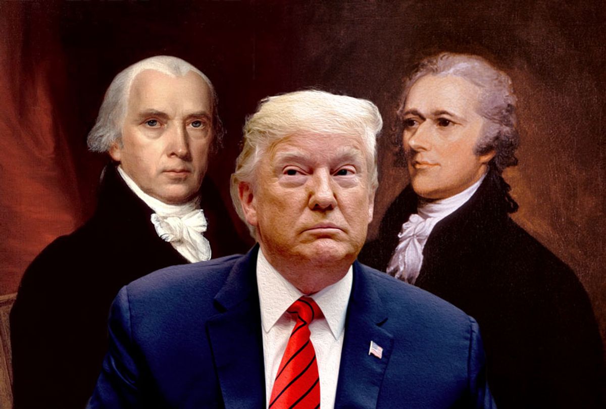James Madison, Alexander Hamilton and Donald Trump (AP Photo/WikiCommons/John Trumbull/John Vanderlyn)