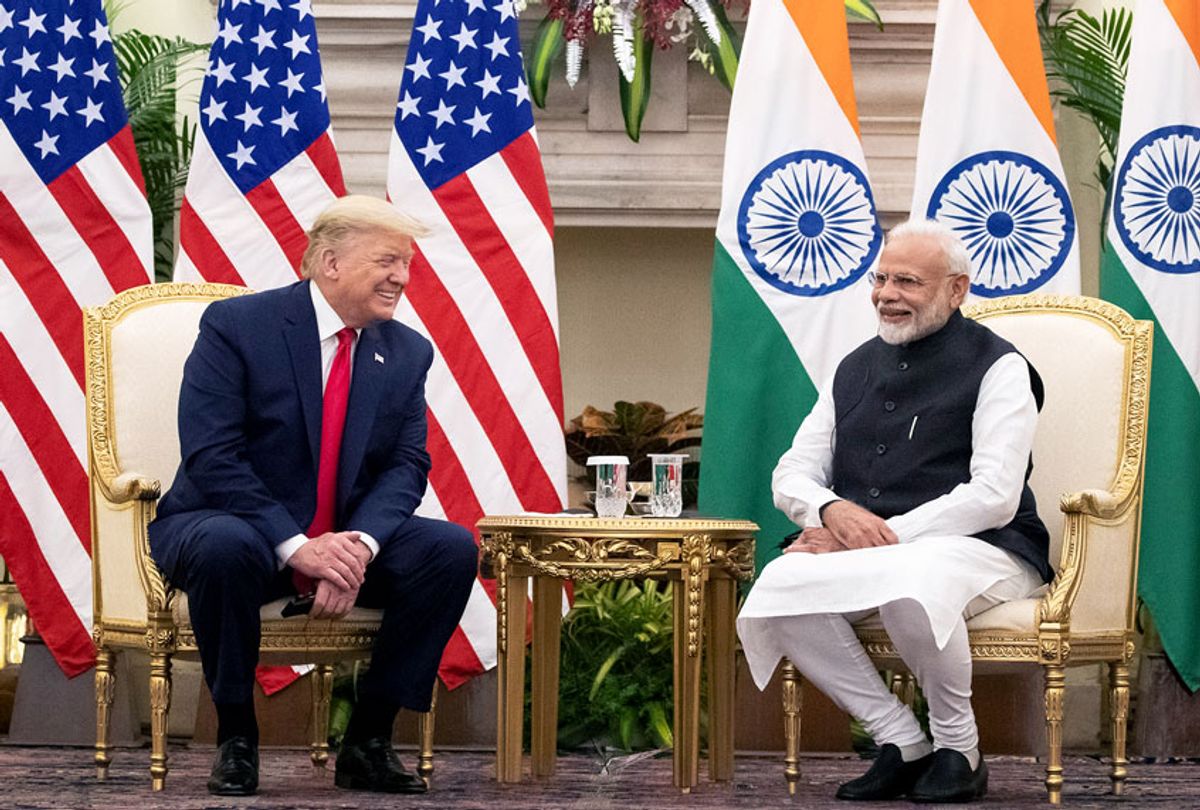 U.S. President Donald Trump and Indian Prime Minister Narendra Modi smile before a meeting at Hyderabad House, Tuesday, Feb. 25, 2020, in New Delhi, India.  (AP Photo/Alex Brandon)