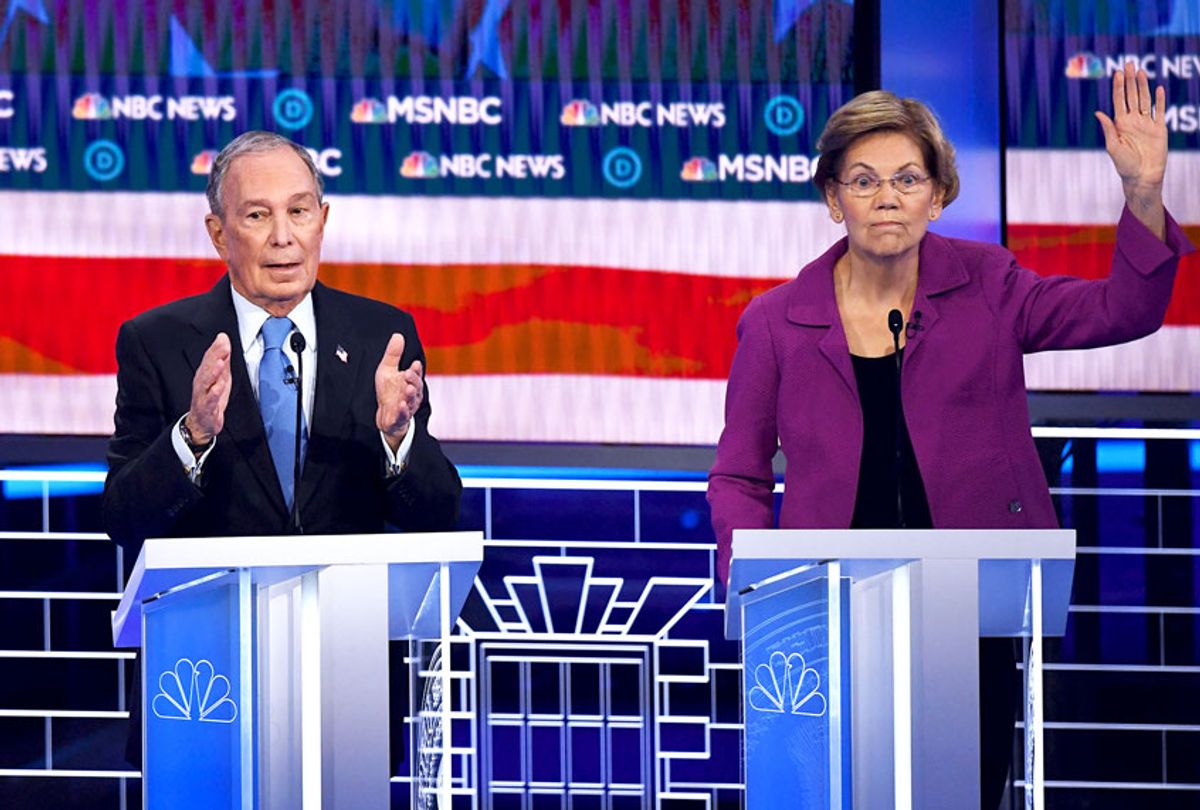 Democratic presidential hopeful Massachusetts Senator Elizabeth Warren (R) gestures next to former New York Mayor Mike Bloomberg during the ninth Democratic primary debate of the 2020 presidential campaign season co-hosted by NBC News, MSNBC, Noticias Telemundo and The Nevada Independent at the Paris Theater in Las Vegas, Nevada, on February 19, 2020.  (MARK RALSTON/AFP via Getty Images)