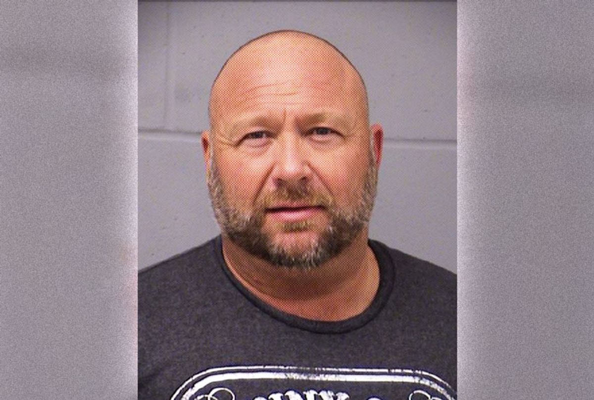 InfoWars founder Alex Jones is seen in a police booking photo in Austin after his arrest on charges of DWI (driving while intoxicated) after a traffic stop March 10, 2020 Travis County, Texas. Jones was released on bond.  (Travis County Sheriff’s Office/Handout via Getty Images)