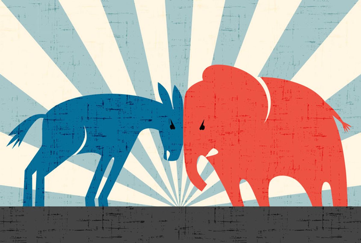 Democratic donkey and Republican elephant butting heads (Getty Images/teddyandmia)