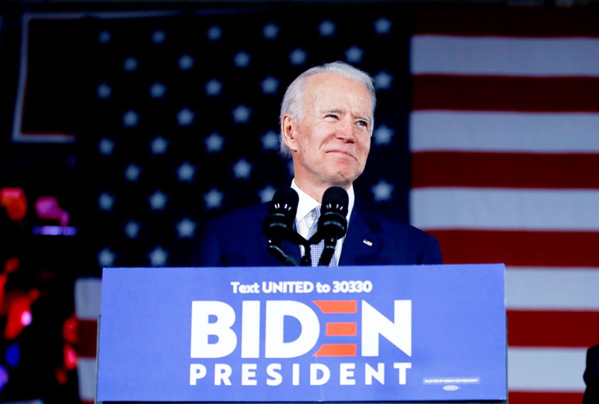 Democratic presidential candidate former Vice President Joe Biden accompanied by Rep. James Clyburn, D-S.C. speaks at a primary night election rally in Columbia, S.C., Saturday, Feb. 29, 2020.  (AP Photo/Matt Rourke)