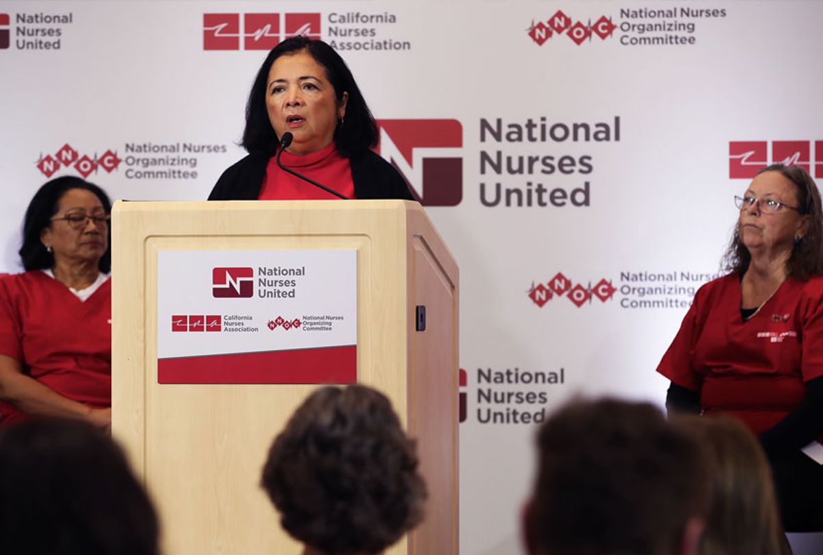 Bonnie Castillo, executive director of National Nurses United, speaks during a news conference at the National Nurses United offices on March 05, 2020 in Oakland, California. The National Nurses United held a news conference to express concerns that the Centers for Disease Control is not doing enough to help protect and test healthcare workers who are exposed to patients with the COVID-19 virus. (National Nurses United; Coronavirus)