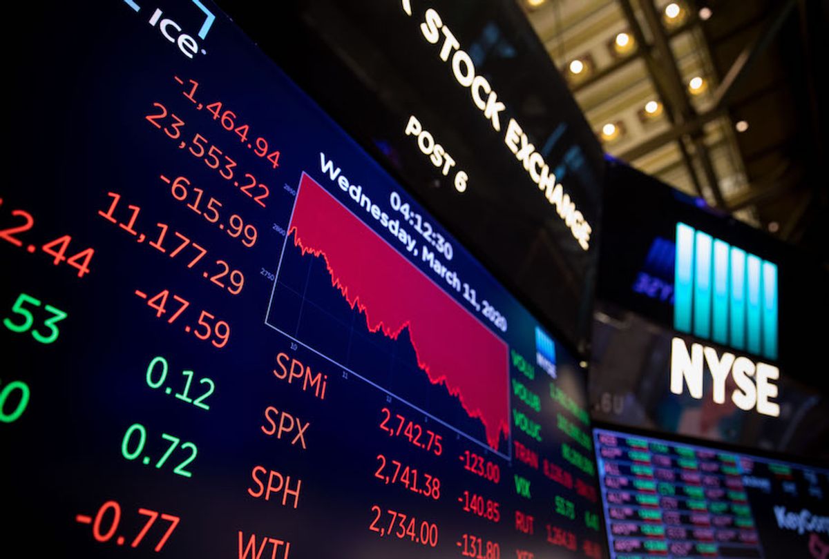 Screens show trading data at the New York Stock Exchange in New York, the United States, on March 11, 2020.  (Michael Nagle/Xinhua via Getty)