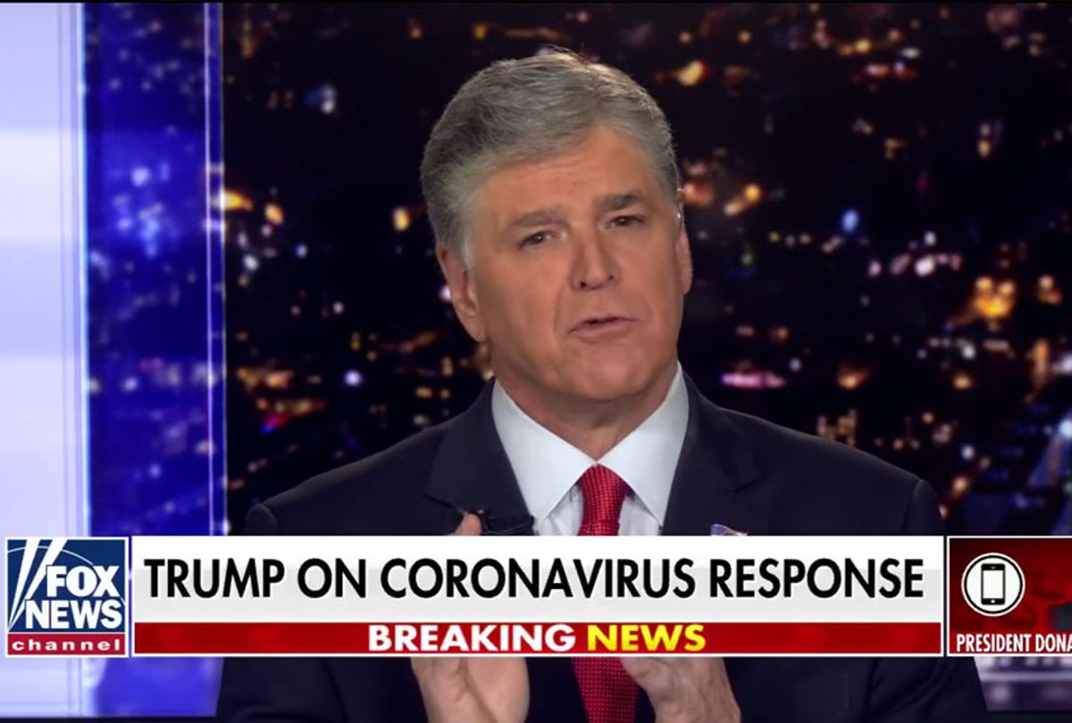 Sean Hannity discussing the Coronavirus outbreak with President Donald Trump (not shown). (Fox News)