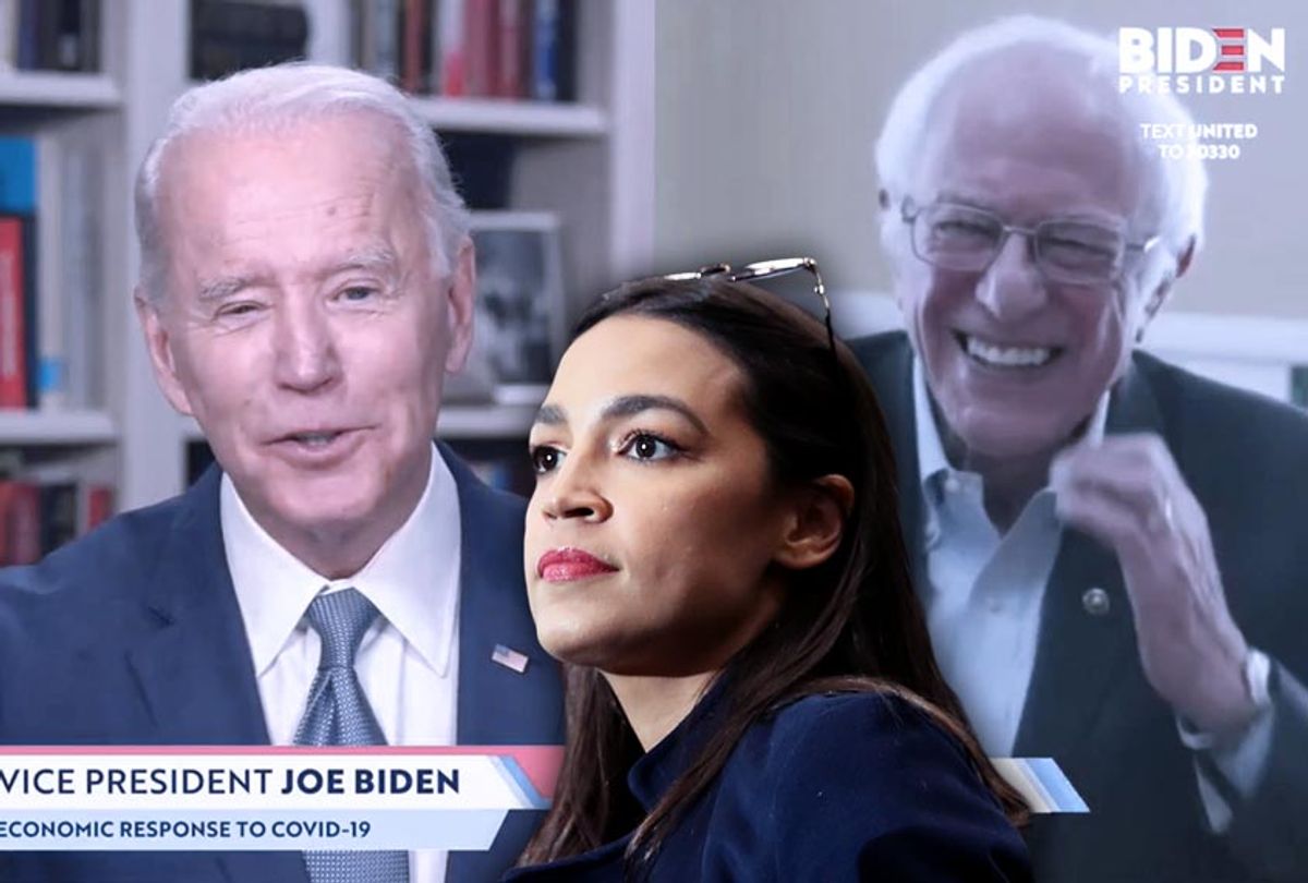 Alexandria Ocasio-Cortez, Joe Biden and Bernie Sanders (Getty Images/Salon)