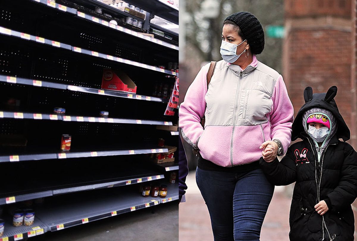 Bare shelves in a supermarket | Parent and child wearing medical face masks (Getty Images/Salon)
