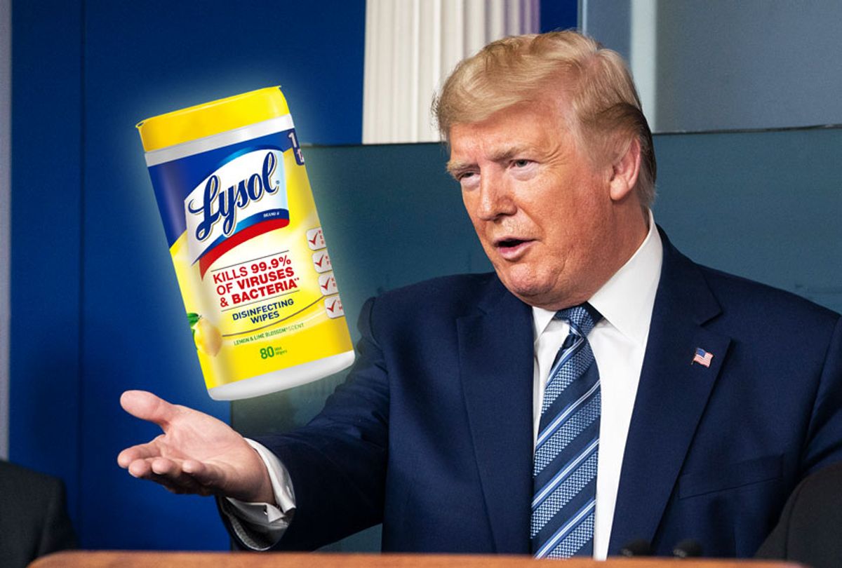 Donald Trump floated the idea of injecting disinfectant into COVID-19 patients (Getty Images/Lysol/ Reckitt Benckiser/Salon)