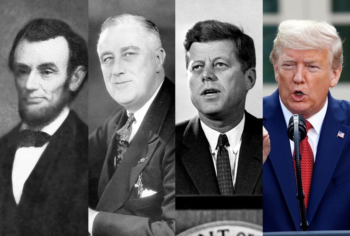 Abraham Lincoln, Franklin D. Roosevelt, John F. Kennedy, and Donald J. Trump (AP Photo/Salon)