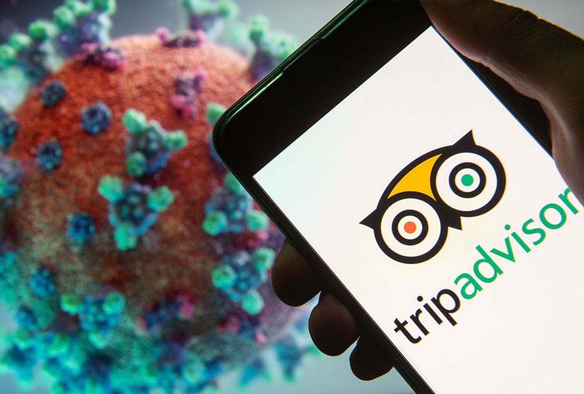 American travel agency and restaurant website company TripAdvisor logo seen displayed on a smartphone with a computer model of the COVID-19 coronavirus on the background. (Photo Illustration by Budrul Chukrut/SOPA Images/LightRocket via Getty Images)