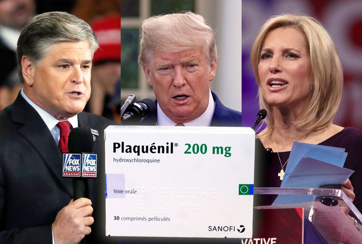 Sean Hannity, Donald Trump and Laura Ingraham | A box of Plaquenil (AP Photo/Getty Images/Salon)