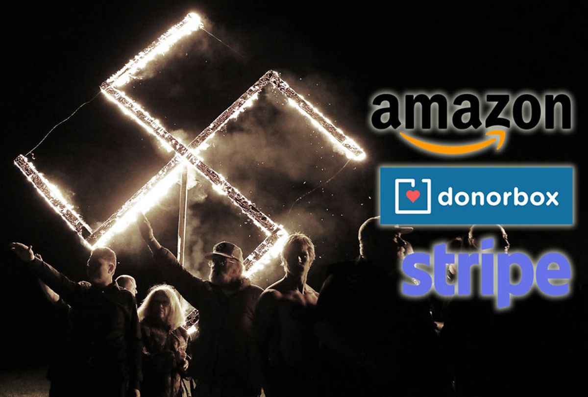 Members of the National Socialist Movement, one of the largest neo-Nazi groups in the US, hold a swastika burning after a rally | Logos of Amazon, Donorbox and Stripe (Photo Illustration by Salon/ Amazon/Donorbox/Stripe/Spencer Platt/Getty Images)