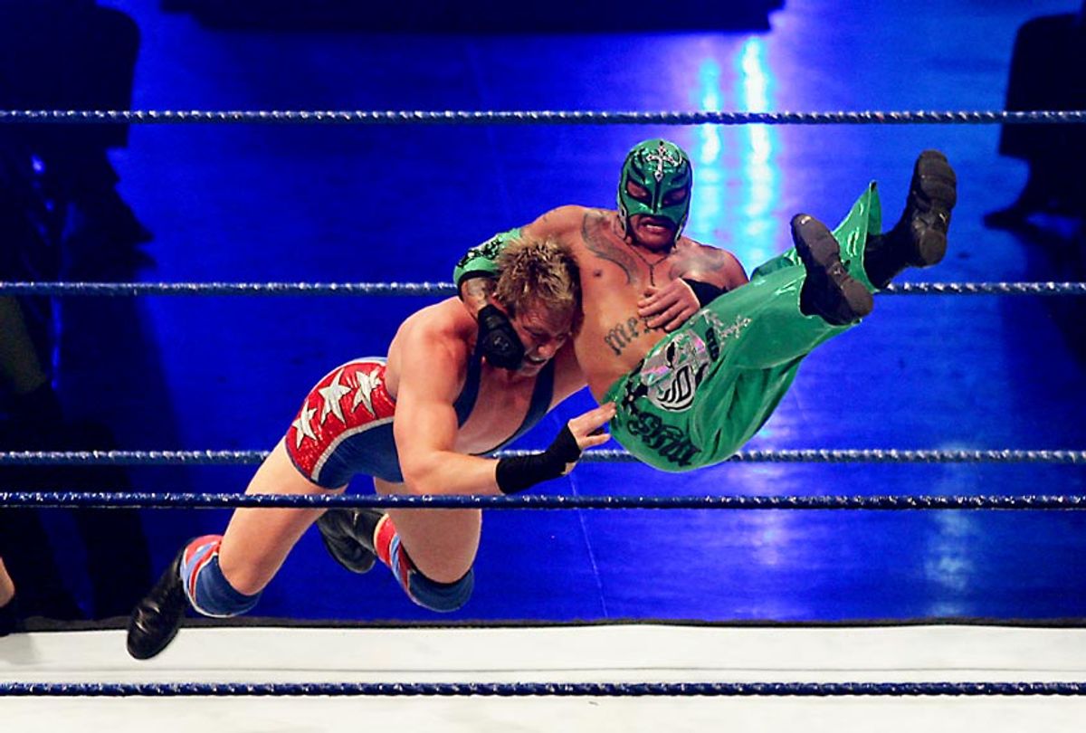 Wrestling fighters Jack Swagger (L) and Rey Misterio (R) fight during the WWE Smackdown Wrestling (Alfredo Lopez/Jam Media/LatinContent via Getty Images)
