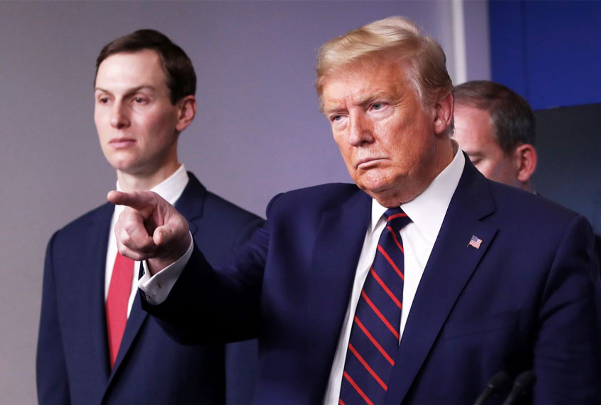 President Donald Trump points to a reporter to ask a question as he speaks about the coronavirus, as White House adviser Jared Kushner listens.  (AP Photo/Alex Brandon)