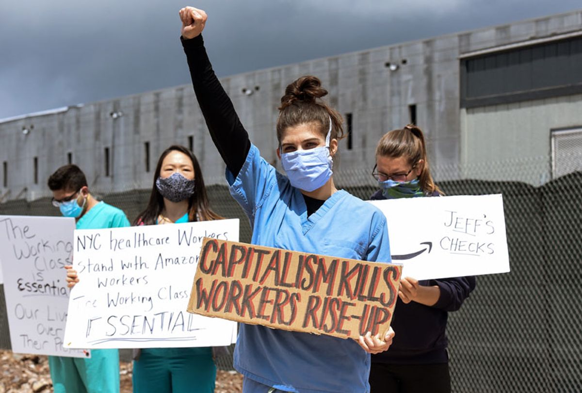 People protest working conditions outside of an Amazon warehouse fulfillment center on May 1, 2020 in the Staten Island borough of New York City. (Stephanie Keith/Getty Images)